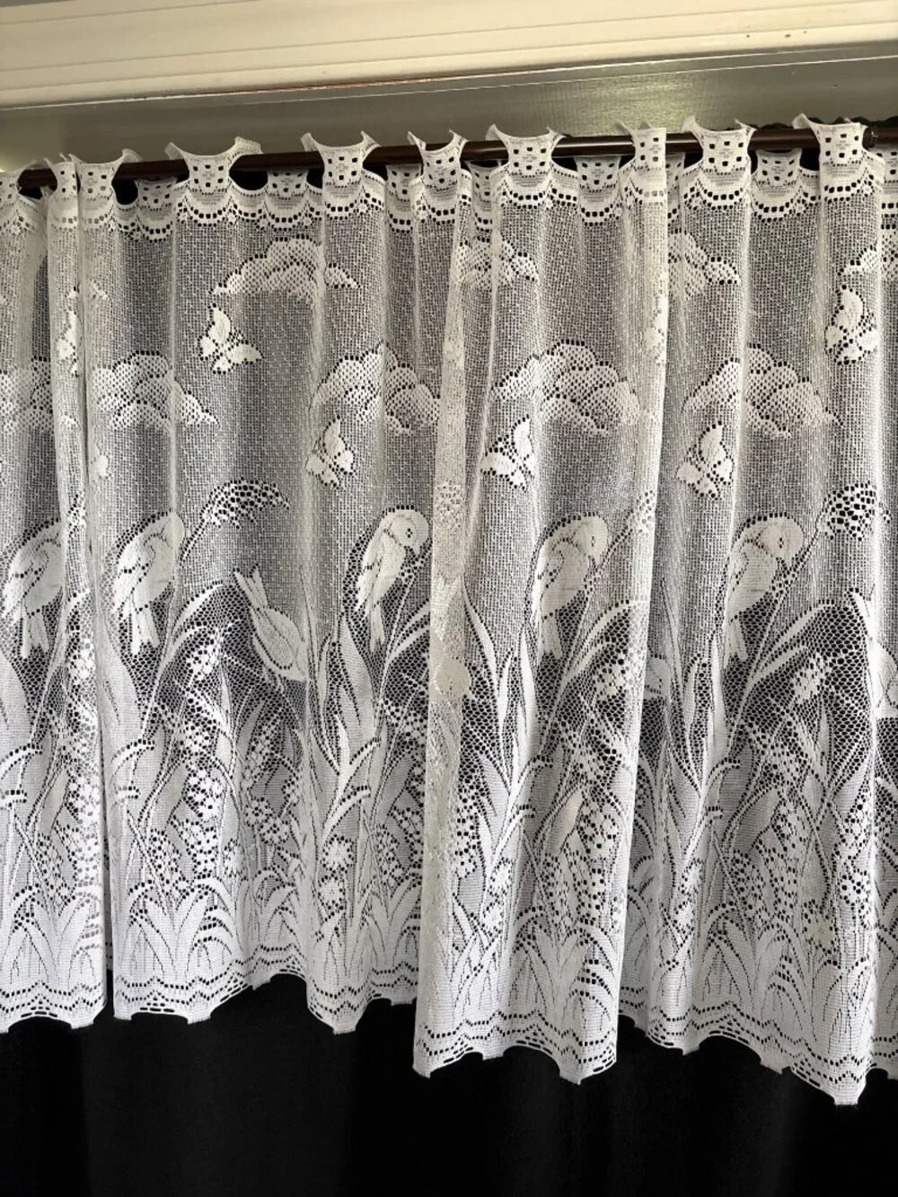 White Lace Tier Curtain Birds & Clouds 66